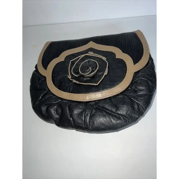 Timmy Woods 1977 Beverly Hills Vintage Black Leather Purse w/Tan Trim - Picture 1 of 8